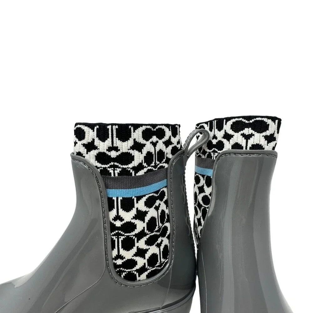 Coach Rivington‎ Rainboots - Gray Rubber w/ Blk and white logo sock - Size 7